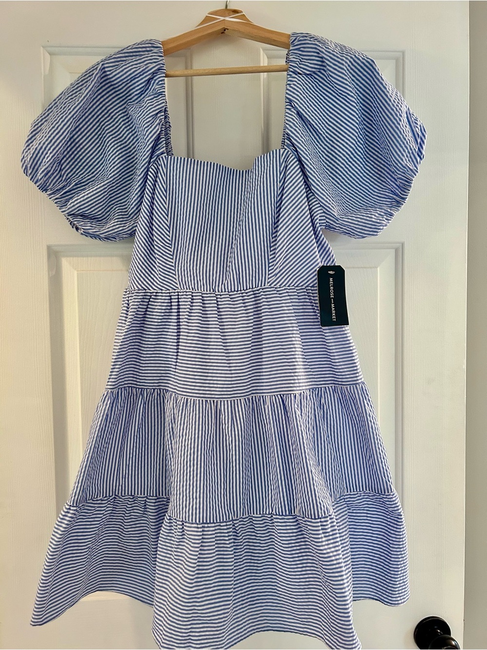 Melrose and Market Blue and White Striped Puff-Sleeve Tiered Dress